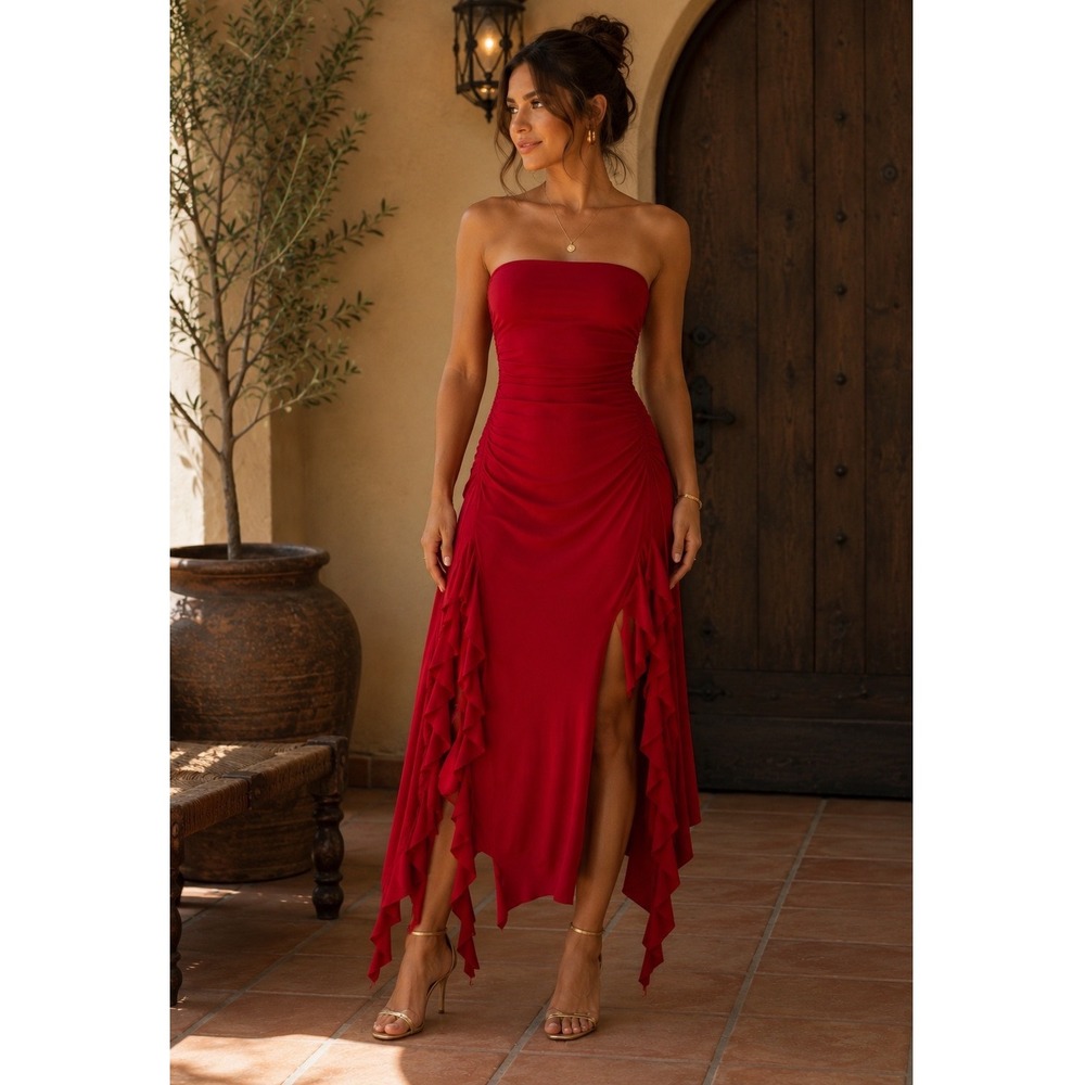 Madrag Red Strapless Ruffle Handkerchief Hem Midi Dress Front Slit Bodycon Dress